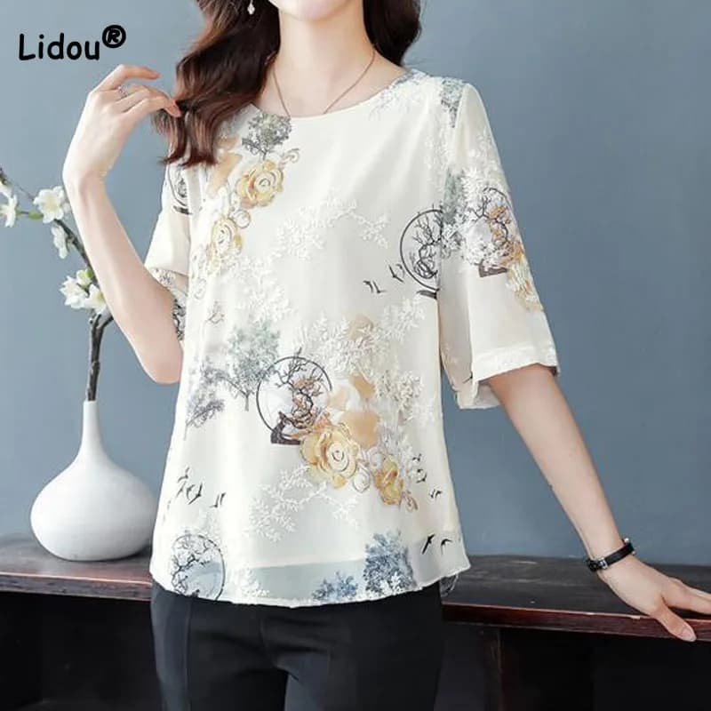Casual Fashion Printing Chiffon T-shirt Summer Women's Clothing Loose All-match Half Sleeve Spliced Pullovers Tops for Female