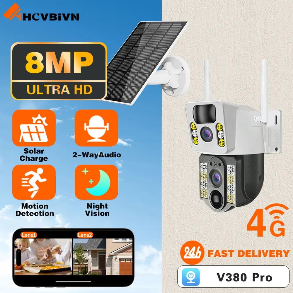 4K 8MP Dual Lens V380 Pro 4G SIM Card Solar Battery PTZ Outdoor Wireless Bidirectional Call Security CCTV Auto Tracking Camera