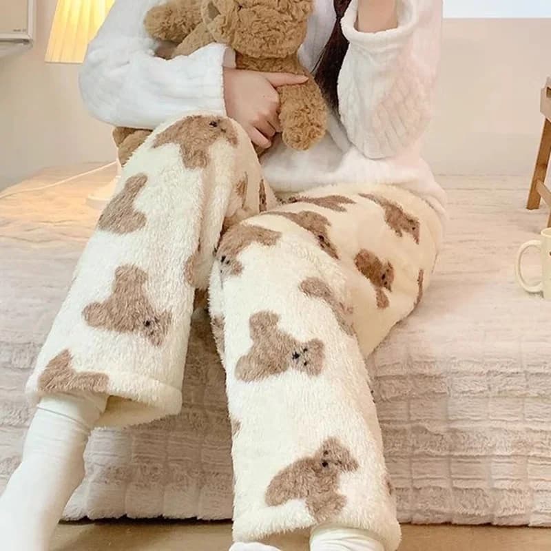 Cartoon Bear Teddy Pajamas Pants Fluffy Women Winter Warm Thick Sleepwear Trousers PJ Pants Christmas Kawaii Flannel Homewear