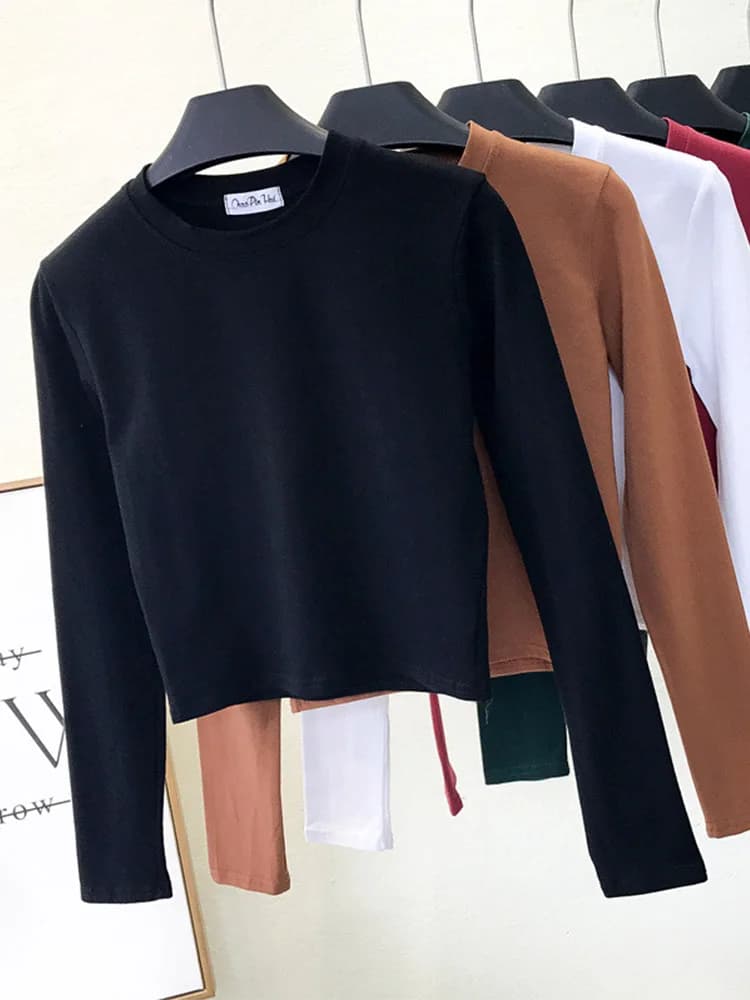 Sexy Black  Women's Clothing O-Neck Long Sleeve Navel Autumn Base Women's Clothing Fashion Casual Ropa Mujer