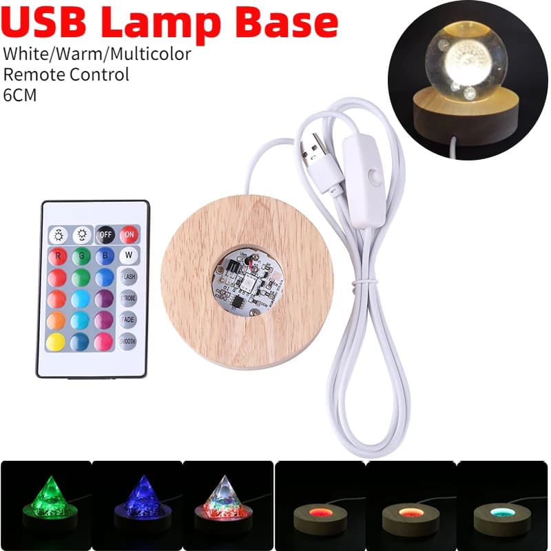 Natural Stone Orgonite Pyramid Crystal Wood Light Base Remote Control Wooden LED Night Light Stand Lamp Holder Lamp Home Decor
