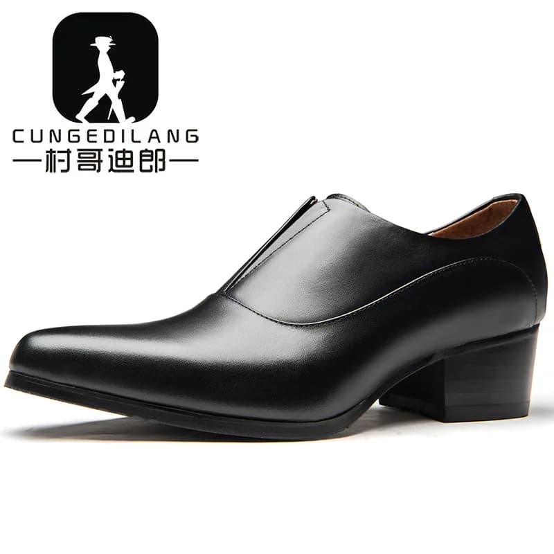 Men's Leather Shoes with High Heels Luxury Genuine Leather Handmade Brown Black Business Social Dress Shoes for Male 5CM Height