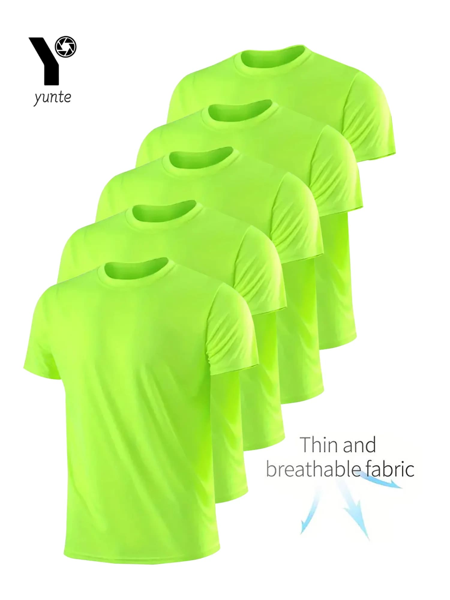 Crew T-Shirt5Pcs Fluorescent Green Ultralight Men Quick Dry Breathable Sweat Shirt for Fitness Gym and Running Light Plaid Quick