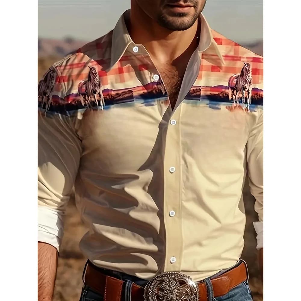 Yellowstone Western Denim Shirt Plaid and horse print vintage men's lapel button shirt Modern casual long-sleeved shirt