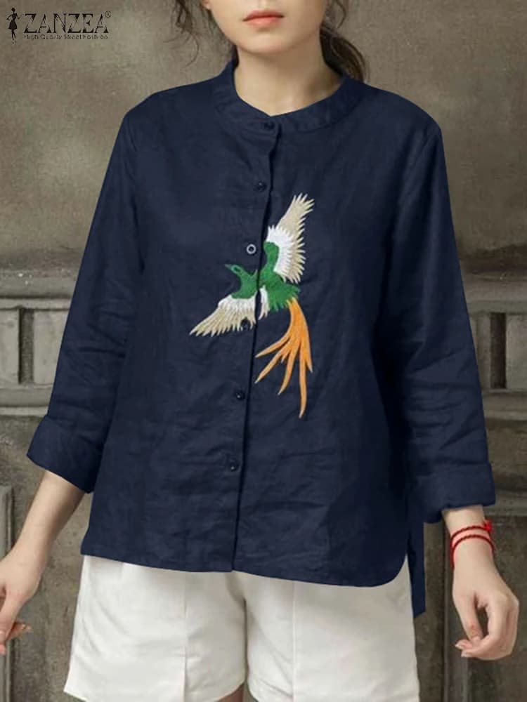 ZANZEA Vintage Embroidery Women Shirts Autumn 2024 Casual Long Sleeve O Neck Button Up Camisas Retro Fashion High-Low Blouses
