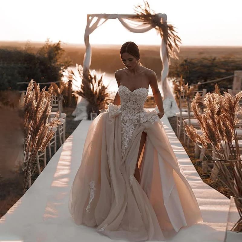 Customized Tulle Beach Scoop Neck Wedding Dress Applique Bride Gown Summer Holiday Boho Wedding Dresses Vestidos De Noiva