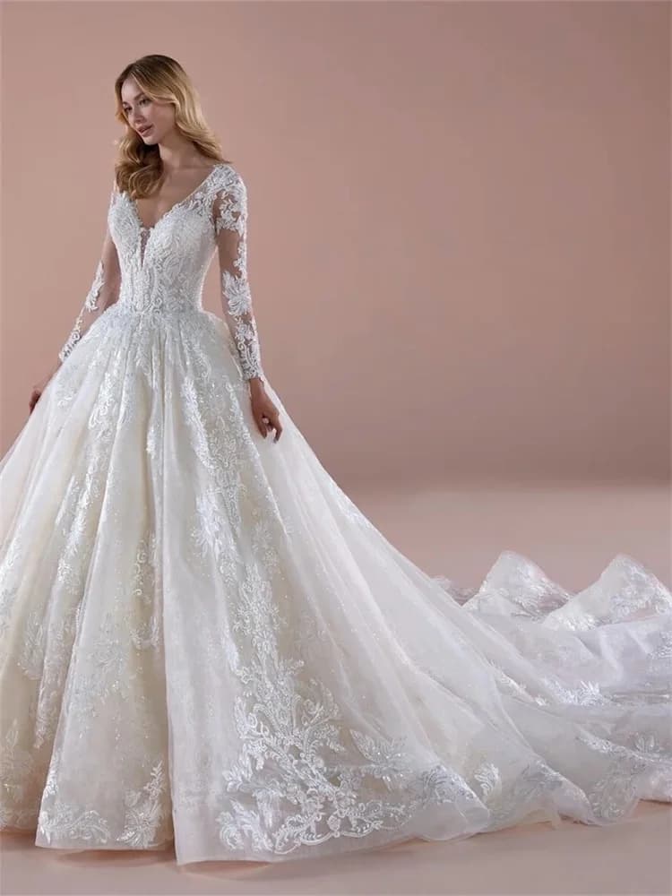 Elegant Appliques Wedding Dresses For Women 2024Luxury Long Sleeve Beading Lace Up Bridal Gowns Vintage Vestidos De Novia Custom