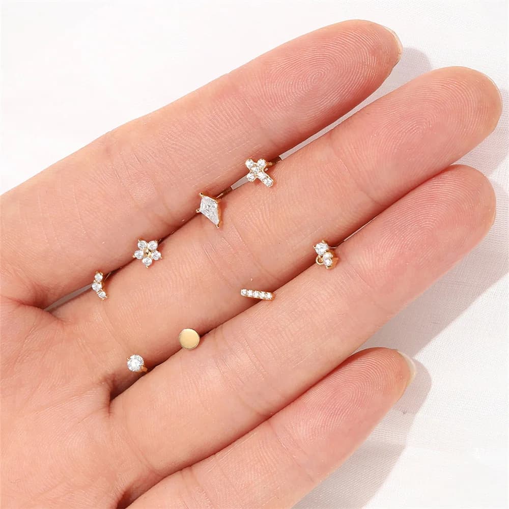 LENNIK 14K Pure Gold flower/geometry zircon threaded piercing earrings for Women jewelry gifts Fashionable high-end сережки