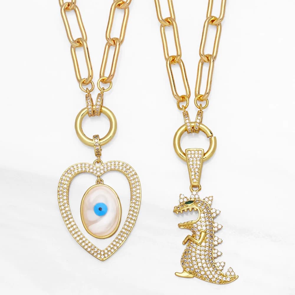 FLOLA Cuban Link Chain Eye Heart Pendant Necklace Copper Zircon White Stone Crystal Dinosaur Necklace Wholesale Jewelry nkeb048