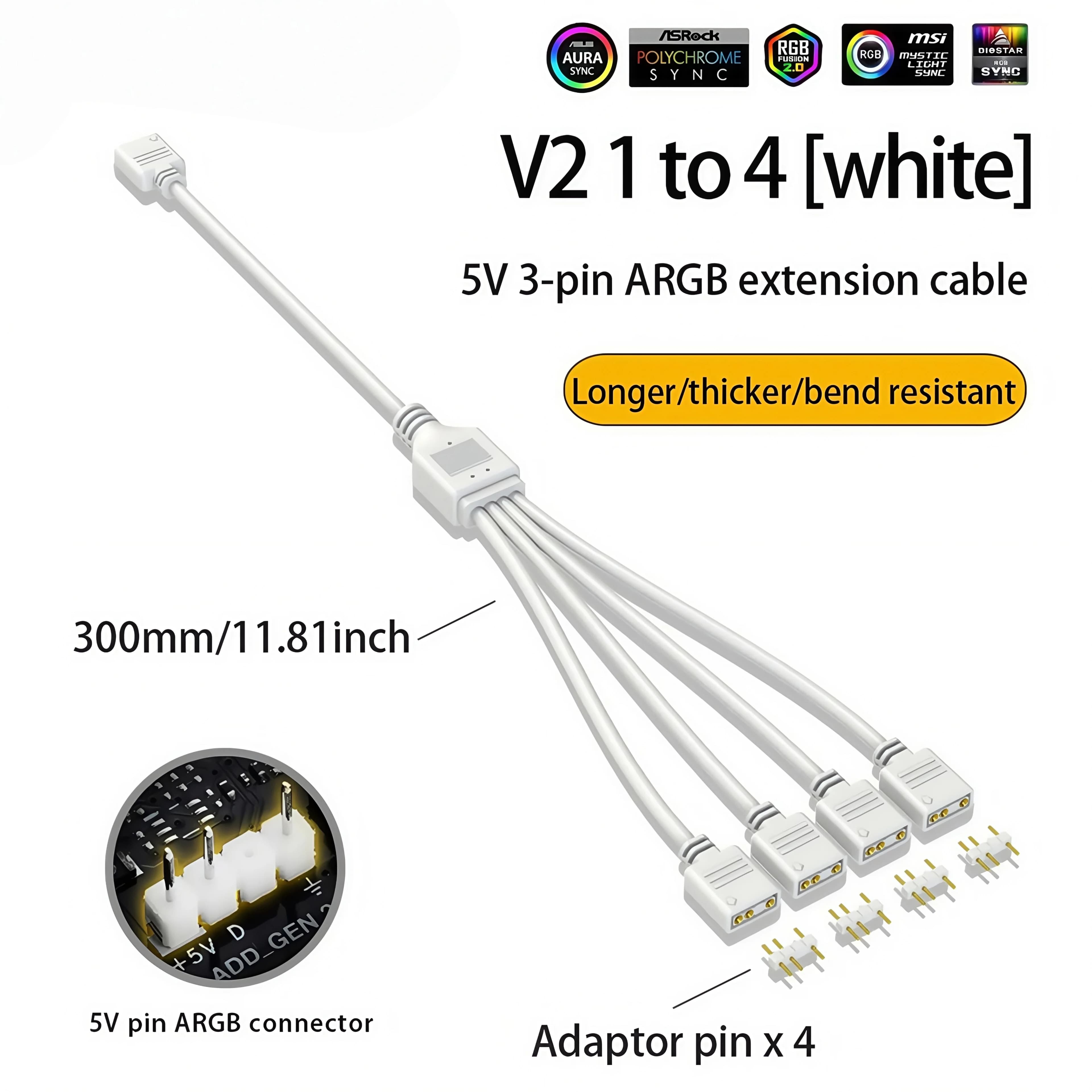 ARGB Fan Splitter Cable - 1 to 4 Port 5V 3-Pin Motherboard Sync Hub, 30cm Extension for PC Case Fans and LED Strips