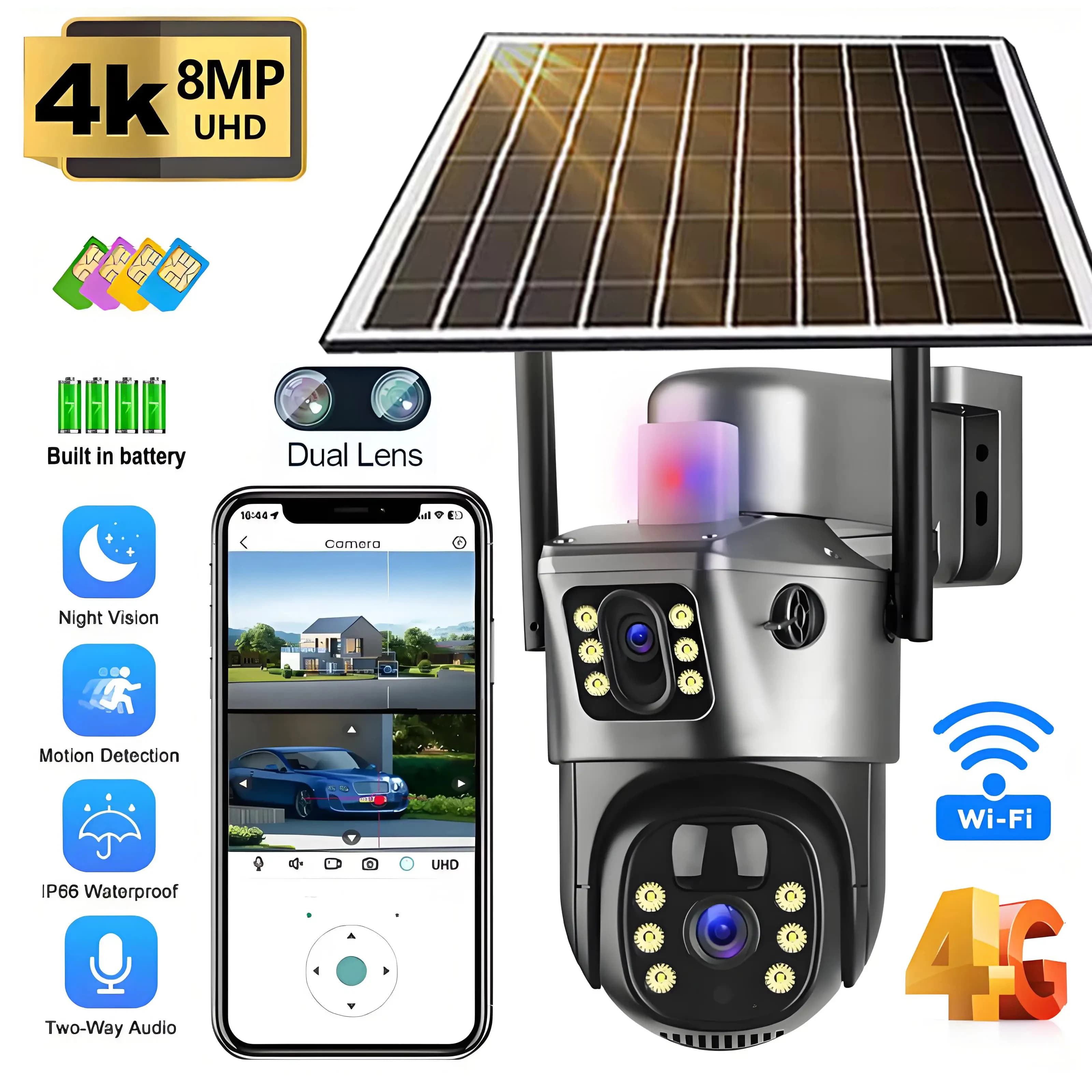 4G Solar Camera Outdoor Waterproof WiFi Security Cameras 4K 8MP HD Color Night Vision IP Wireless CCTV Surveillance PTZ Network