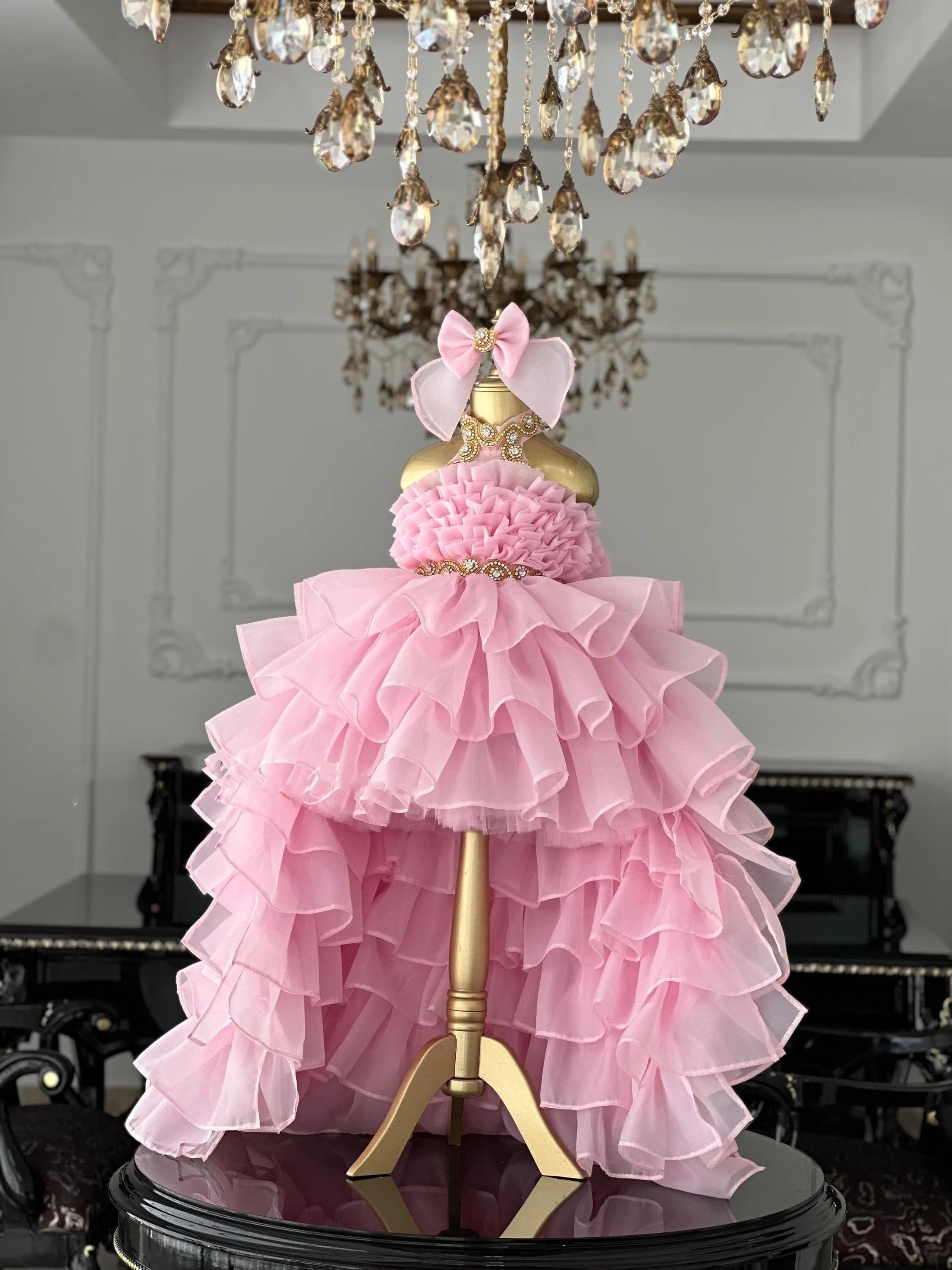 Pink Flower Girl Dress For Wedding Tulle Beading Ruffles with Bow Princess Kids Birthday Party First Communion Ball Gown Custom