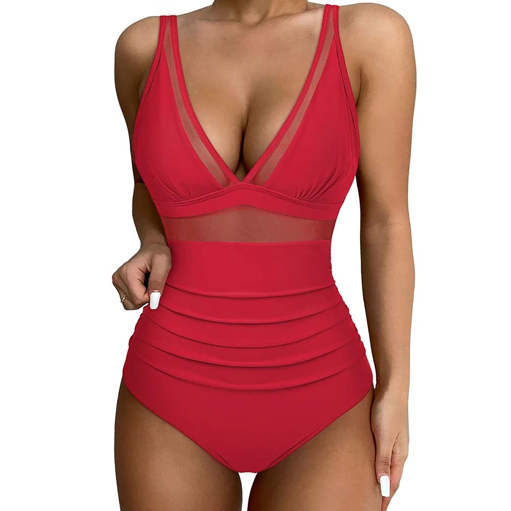 2024 Women Swimwear Sexy High Cut One Piece Swimsuit V Neck Mesh Tummy Control Red High Waisted Bathing Suit Female Monokini