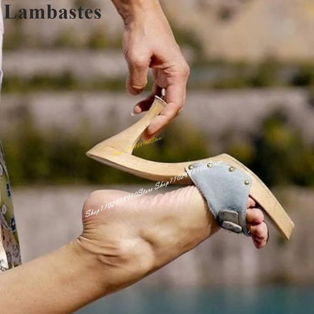 Western Light Blue Low Platform Metal Decor Slippers High Heel Shoes For Women Slip On Open Toe 2024 Fashion Zapatos Para Mujere