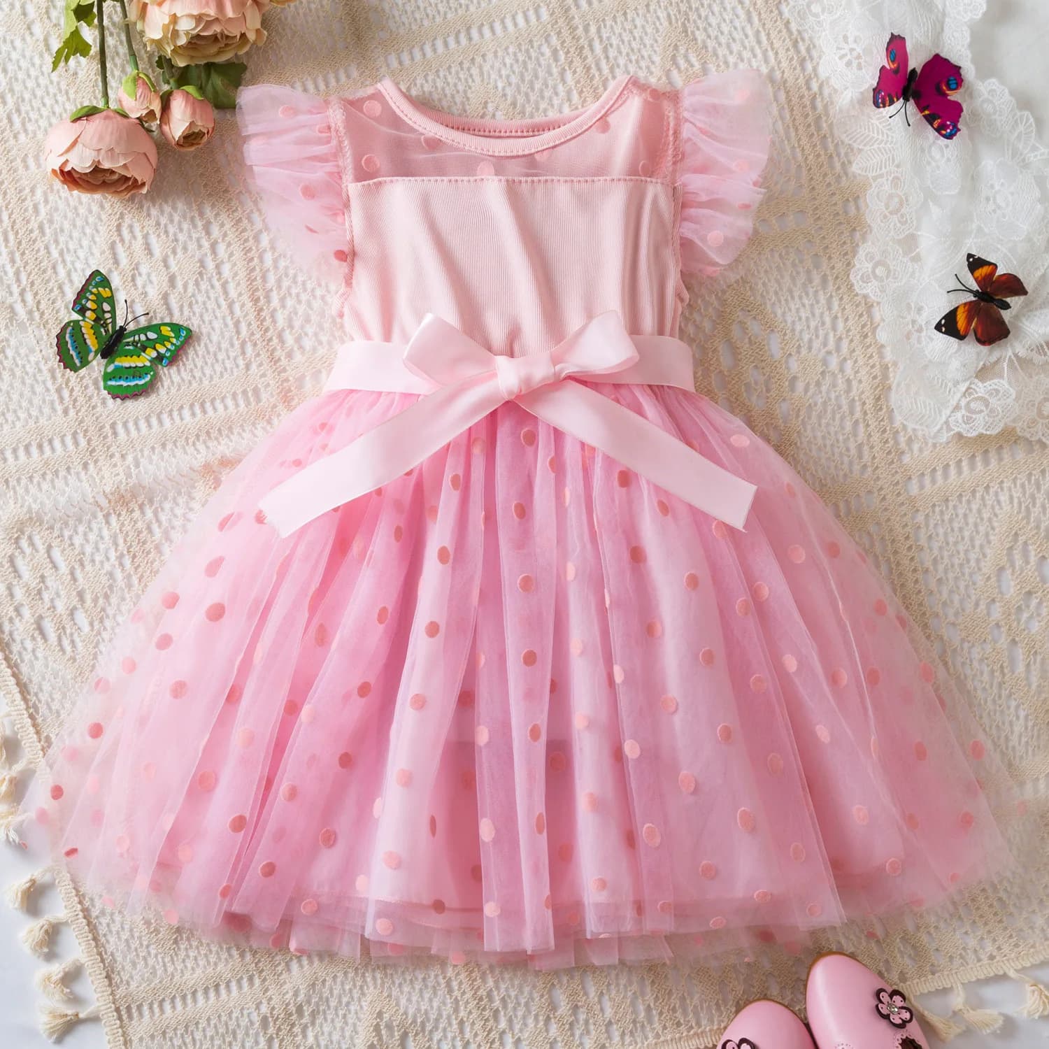 New Girls Dress Summer Big Bow Lace Mesh Little Princess Baby Dress Christmas Birthday Party Performance Costume Kids Clothes