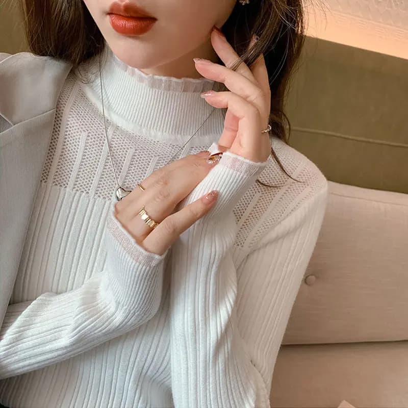 Korean Lace Spliced Knitted T-shirt Chic Hollow Out Autumn Winter Slim Female Clothing Basic Casual Half High Collar Pullovers