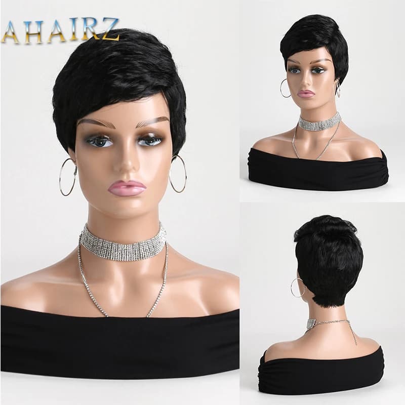 Synthetic Short Pixie Cut Wig Layered Curly Black Wigs with Bangs for Women Daily Wig Breathable Fake Hair