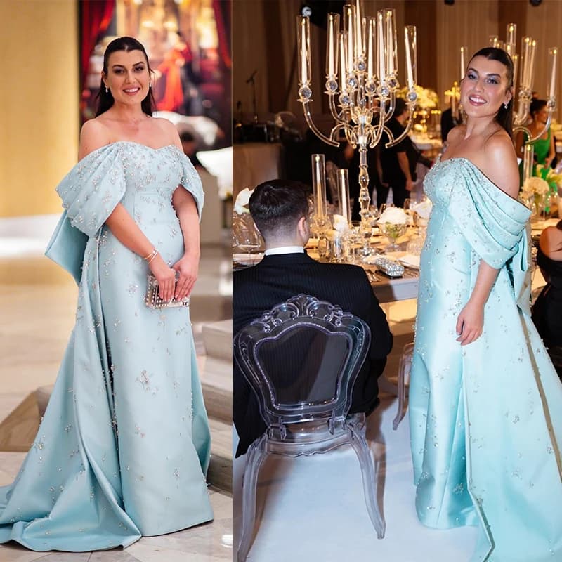 2254 New Sky Blue off The Shoulder Satin with Trian vestidos de noche vestidos de galaevening dresses فستان العيد
