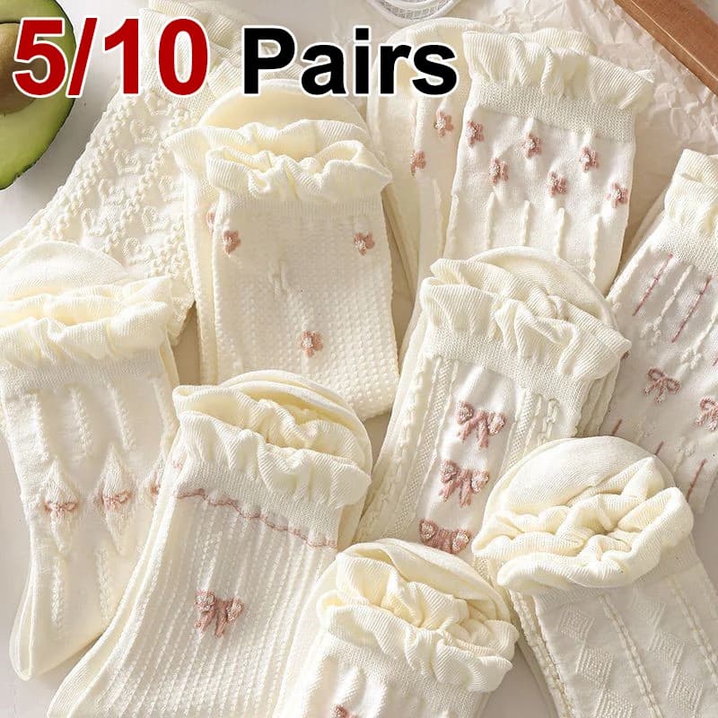 5/10 Pairs Women Lolita Style Mid Tube Socks Fashionable Bow and Small Flower Pattern Spring Summer Cute Sweet Casual Socks