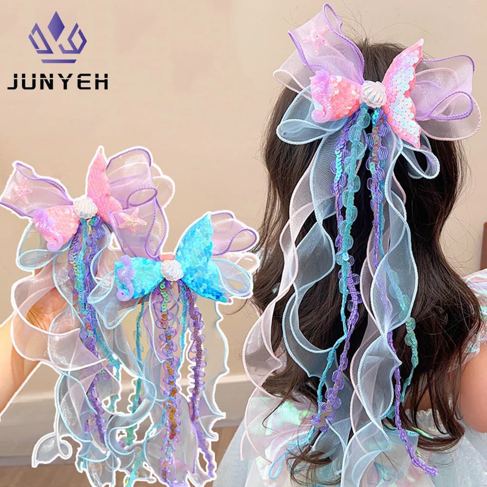 Children's Bow Hairpin Mermaid Princess Hair Accessories Little Girl's Hair Ribbons Hair Clips For Kids
