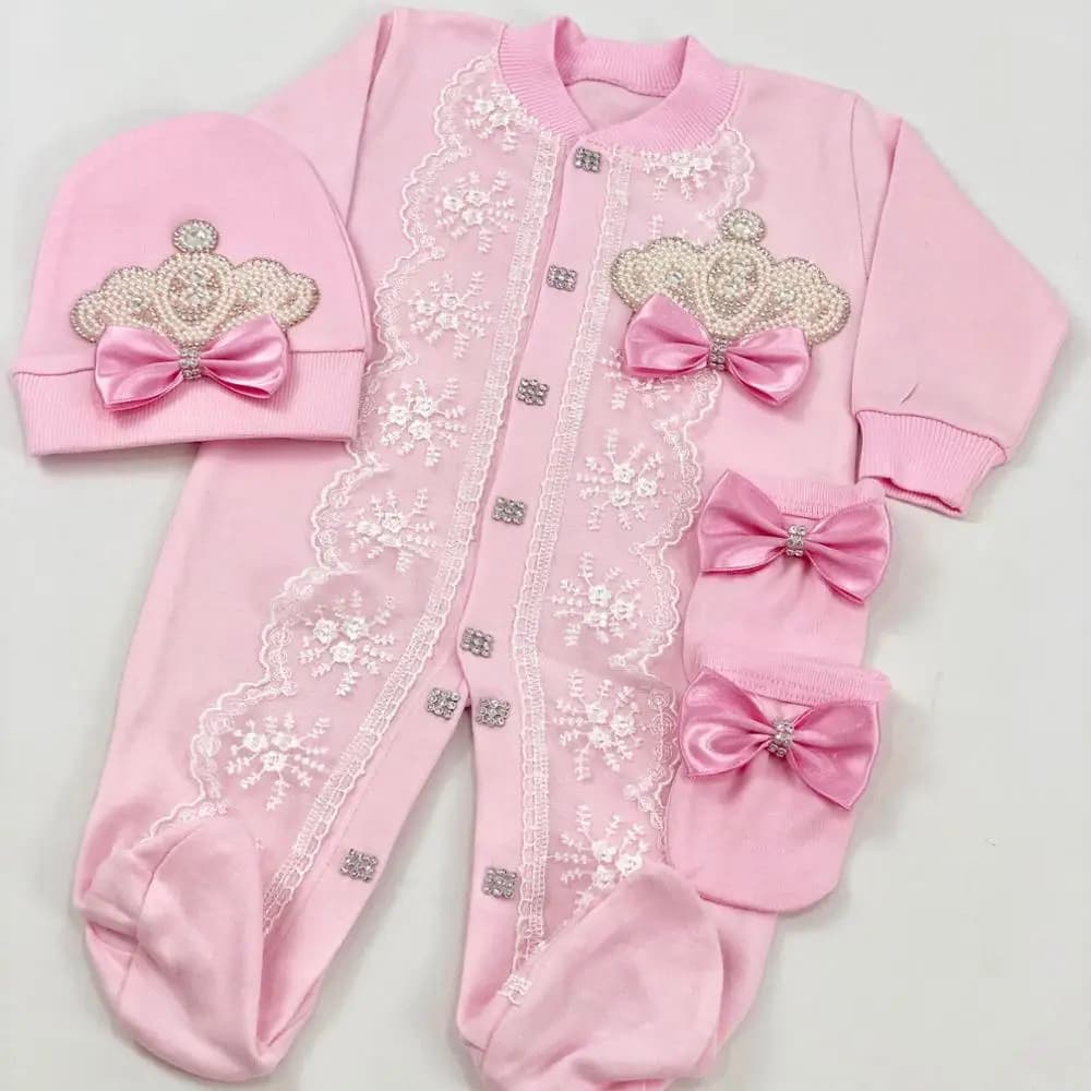 Dollbling 3pcs Newborn Fushia Pink Lace Outfits Personalised Name Sleepsuit Nest Baby Girl Pearly Crown Onesie Christening Gift