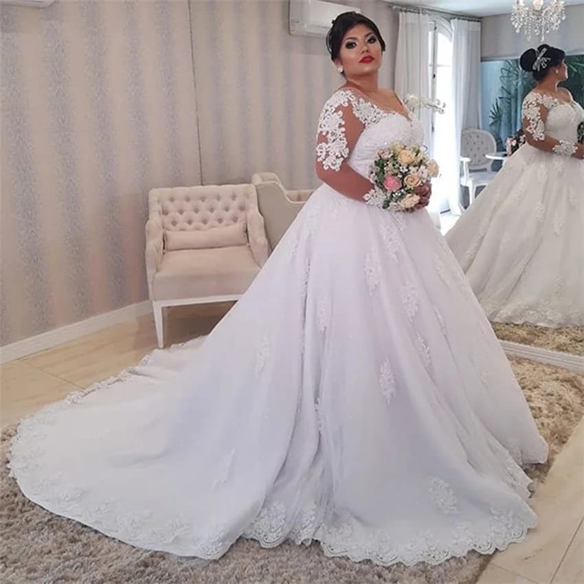 vestido de casamento Wedding Dress Plus Size Illusion Long Sleeve Pearls Beading Appliques White Bridal Gowns vestido de noiva