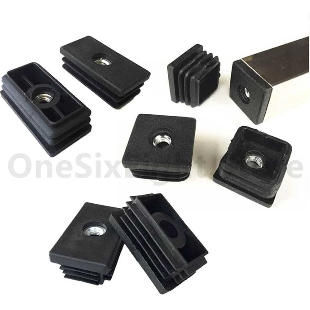 Black PE+PP Plastic Rectangular/Square Blanking End Caps Pipe Tube Inserts With M6 M8 M10 Metal Thread Furniture Feet