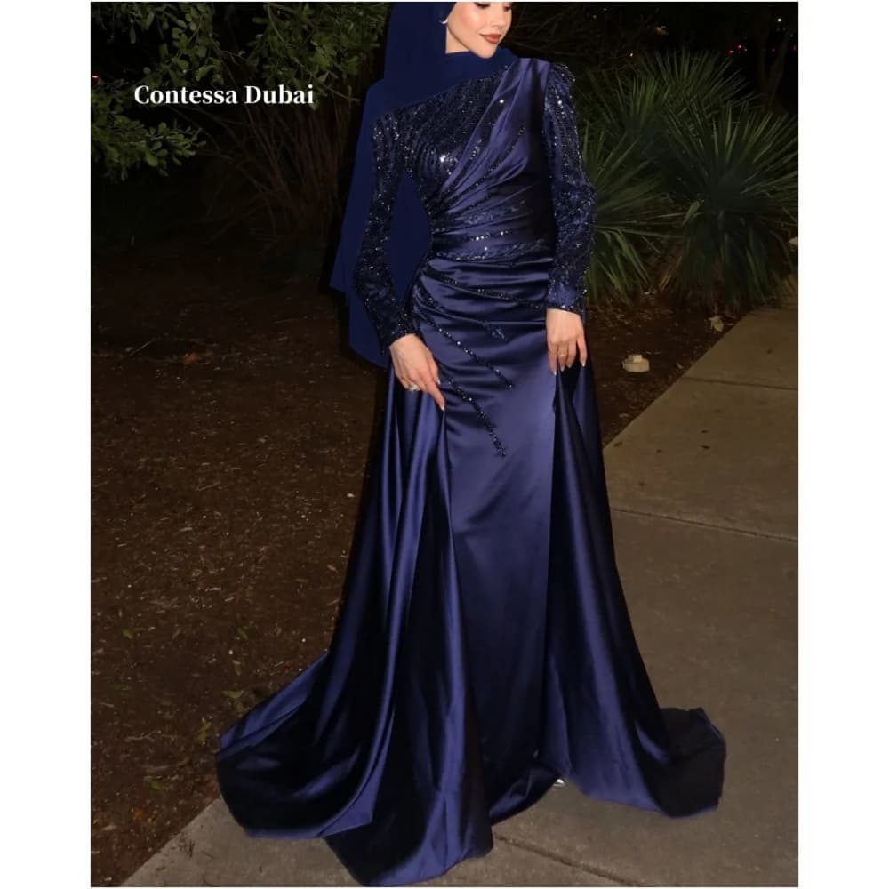 Contessa Dubai Atroceruleous Sequins Floral Prom Dresses A-line Customized فساتين سهرة Pleats Floor-Length robes de soirée