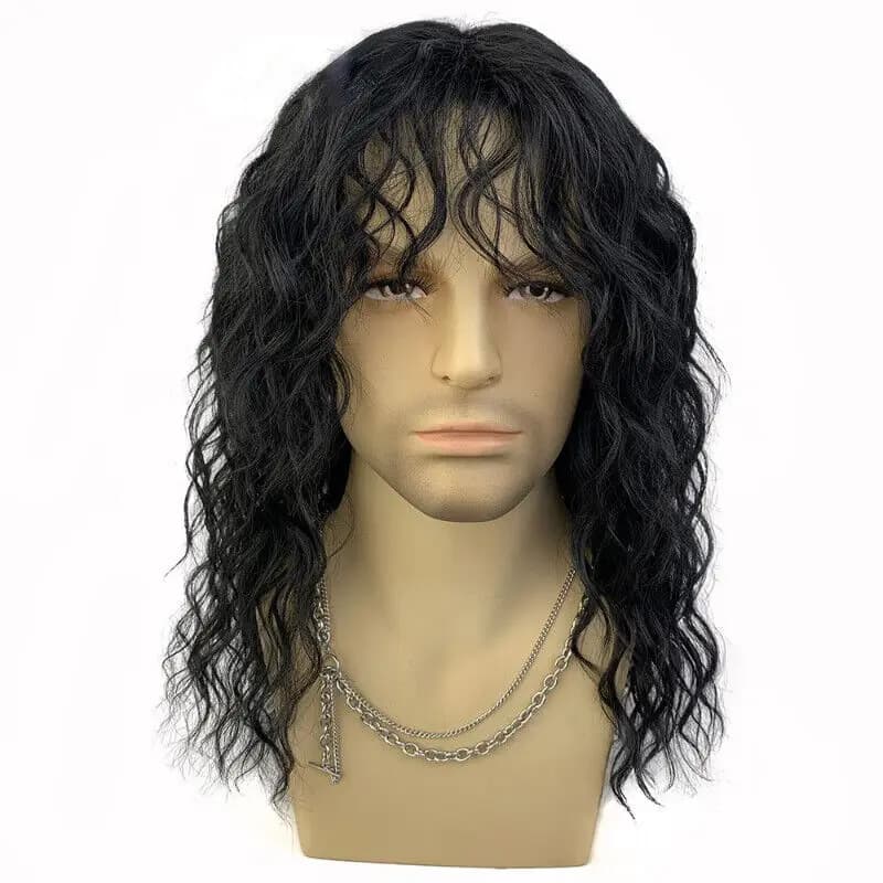 Men's Wig Black Wavy Curly Synthetic Medium Length Men Wigs
