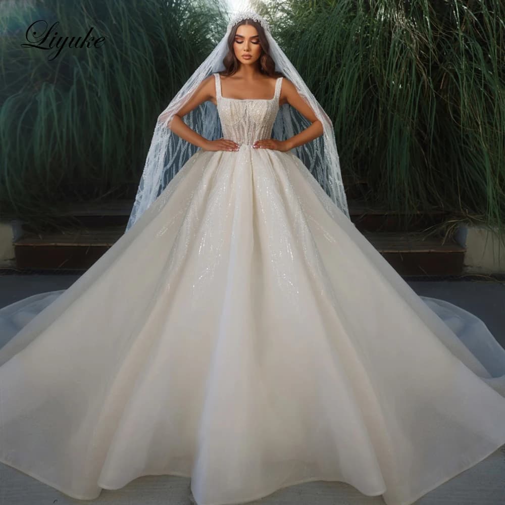 Liyuke Square Collar Ball Gown Wedding Dresses Luxury Stunning Beading Pearls Embroidery Princess Bridal Skirts