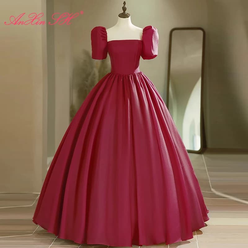 AnXin SH vintage princess wine red satin sweetheart short puff sleeves stage ball gown lace up party customized evening dress