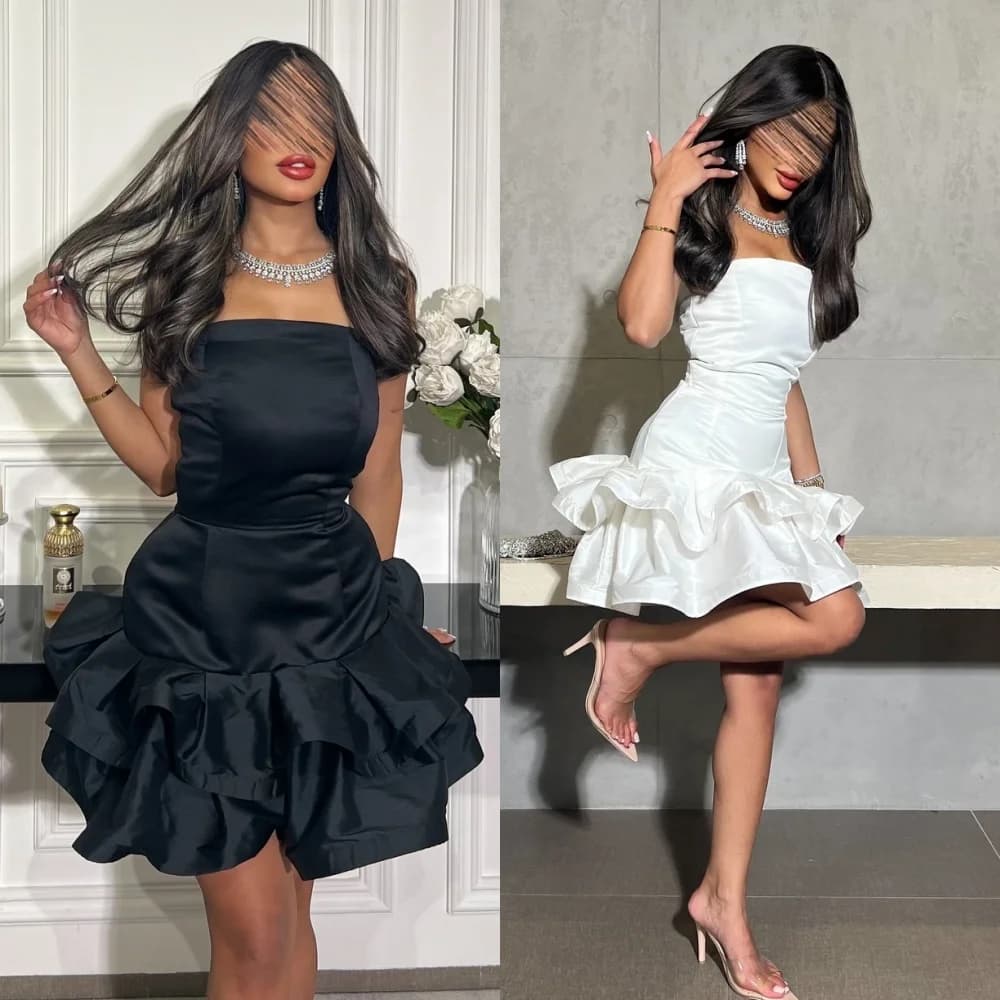 Customized High Quality Elegant Pleat Ruched Tiered A-line Strapless Short Dresses Bespoke Occasion Dresses Modern Style Fashion