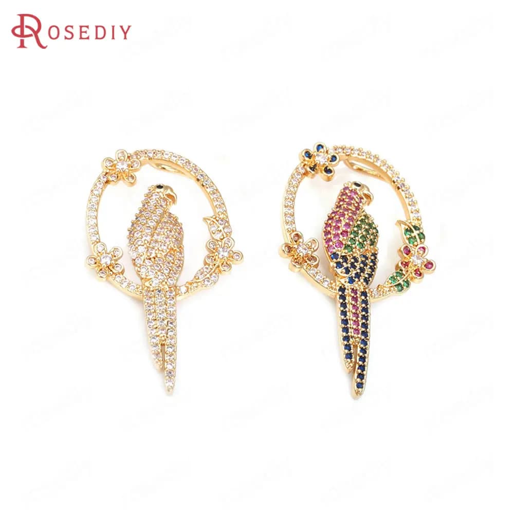 2PCS 39.5x23MM High Quality 18K Gold Color Brass and Zircon Parrot Charms Pendants Jewelry Making Diy Findings Accessories