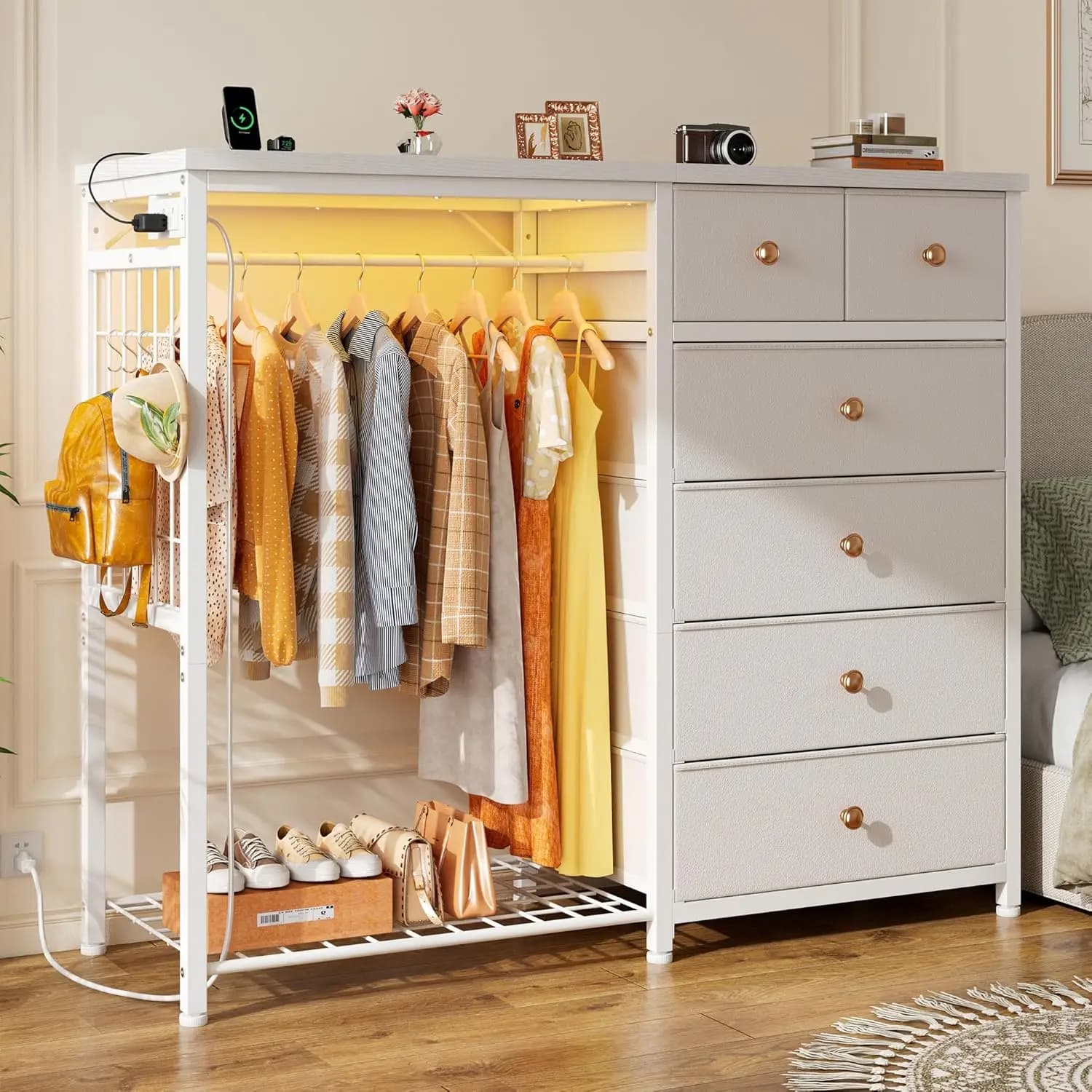 49.2" W White Dresser for Bedroom with Hanging Rack, 6 Drawers Dresser with LED Lights & Charging Station, Fabric Dressers