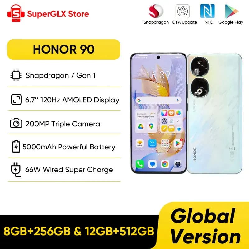 New Global Version HONOR 90 5G 200MP Ultra-Clear Camera Snapdragon 7 Gen 1 5000mAh Battery Life 66W Supercharger 120Hz Display