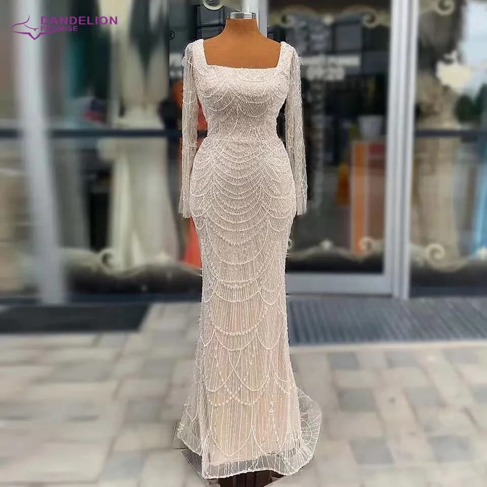 Elegant Mermaid Pearls Evening Dress for Women Dubai Arabic Muslim Long Sleeves Square Collar Formal Prom Wedding Party Gowns