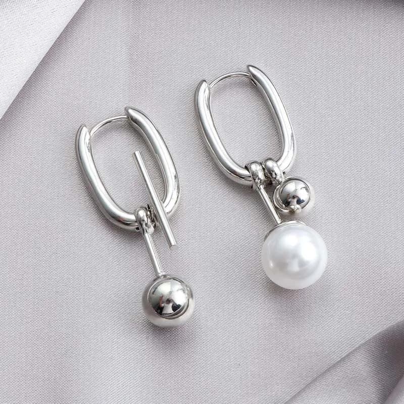 Fashion Metal Pearl U-Shaped Drop Earrings for Women Minimalist Silver Color Asymmetric Square Ear Buckle Jewelry Party Gifts