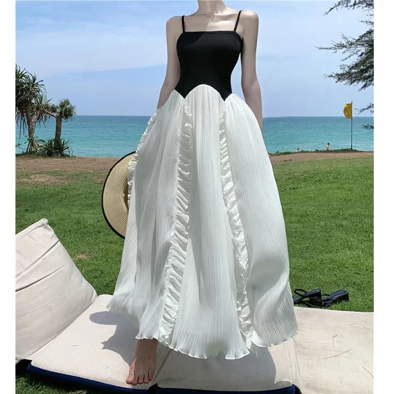 High End French Black White Patchwork Ruffled Spaghetti Strap Long Dress Luxury Pleated Maxi Dress Summer Sleeveless Tank Dress