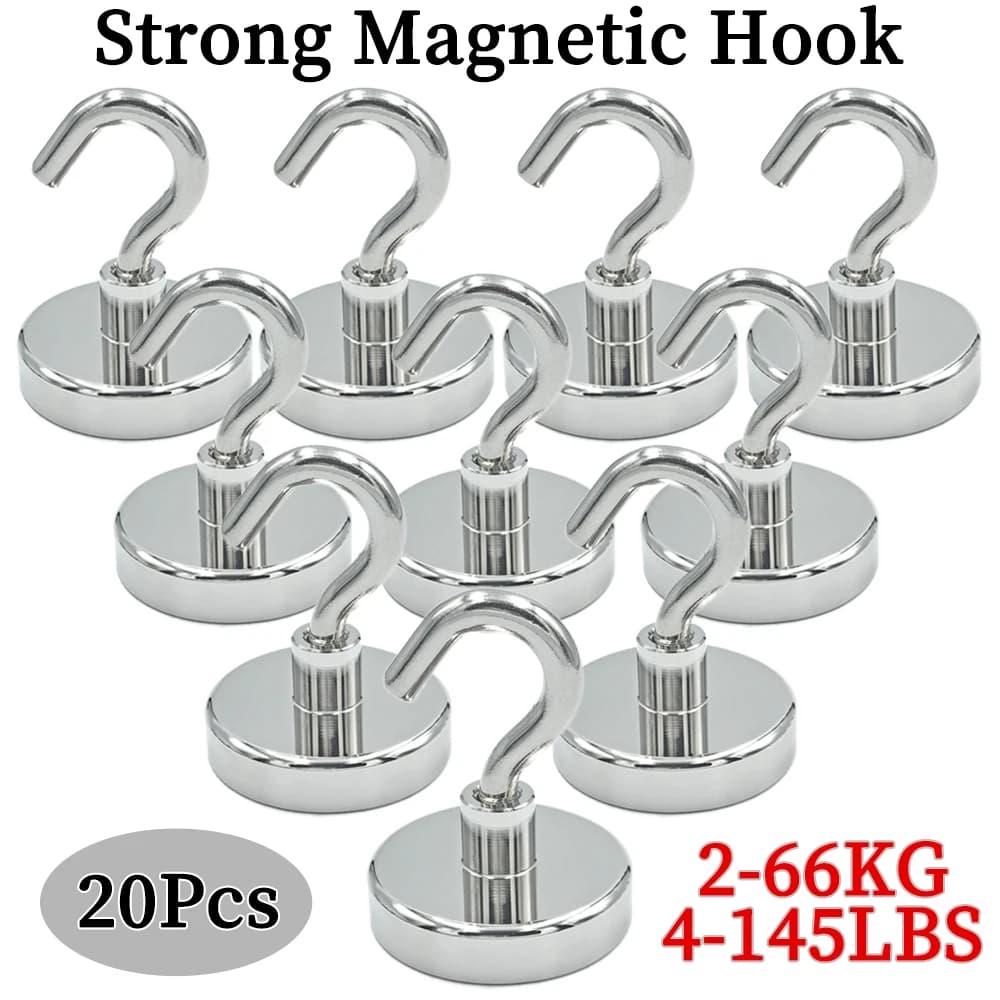 10/20Pcs Super Strong Neodymium Powerful Magnetic Hooks Ring Metal Magnet with Curved Hook Hanger for Hanging,Fridge,Wall,Key