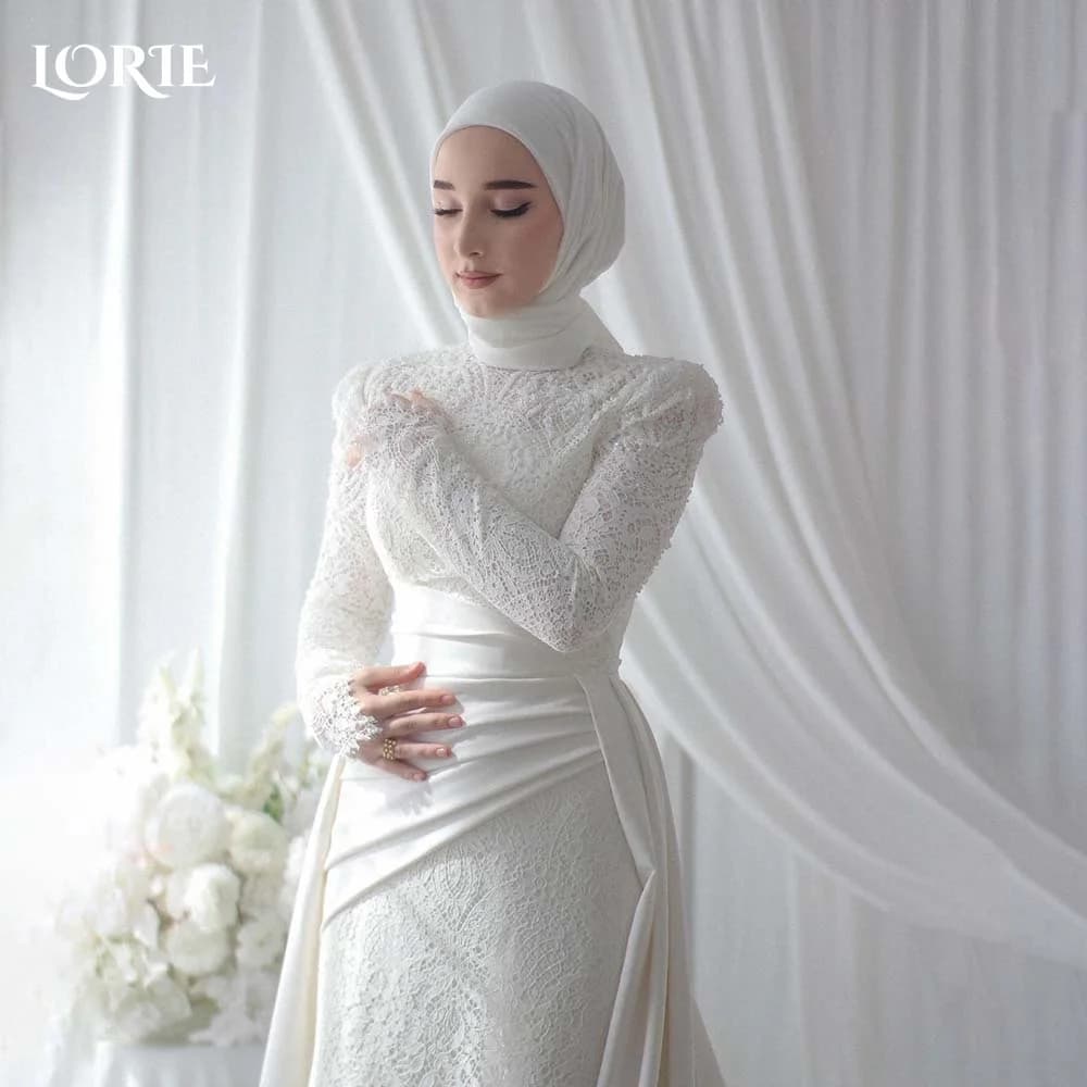 LORIE Vintage Satin Wedding Dresses High Collar Long Sleeves Button Bridal Gowns Appliques Lace Muslim Bride Dress Customized