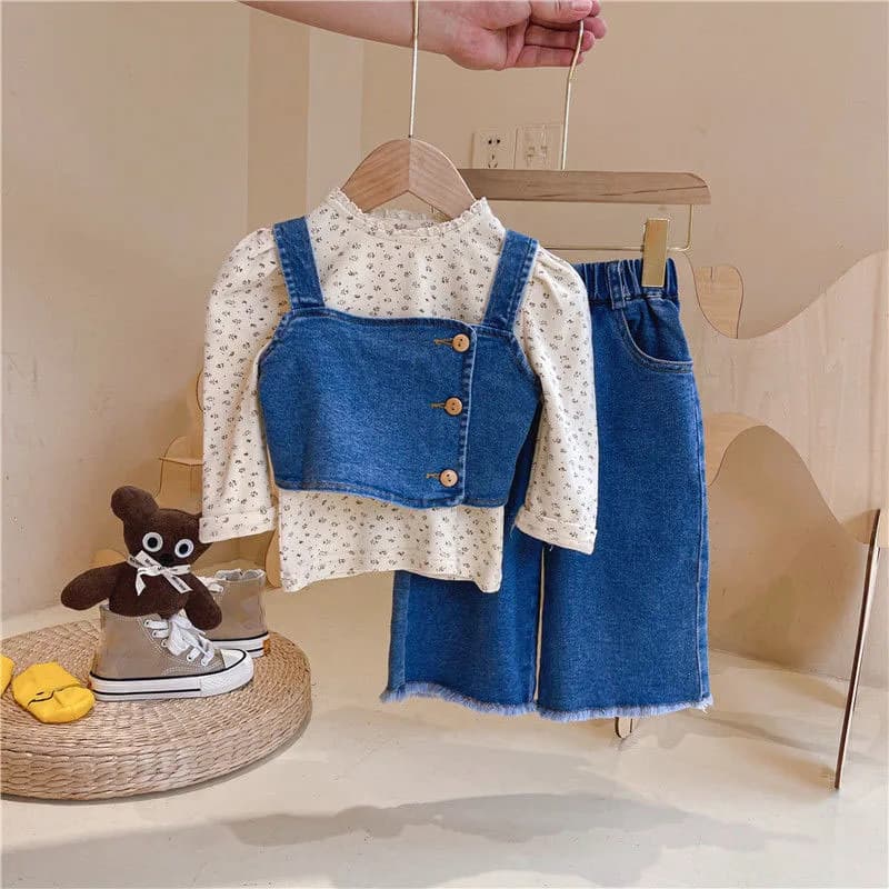 2022 Autumn New Girls' Suits Fashion Sling Denim Vest + Long-Sleeved Inner Layer + Wide-Leg Pants  Children Girls Clothes Set