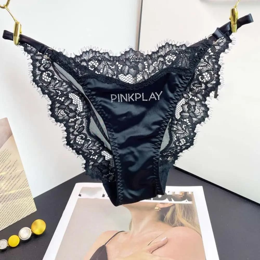 Crystal Letter Satin Silk Panties Thin Belt Underwear Rhinestone Lace Briefs French Style Cotton Crotch Underpants for Women