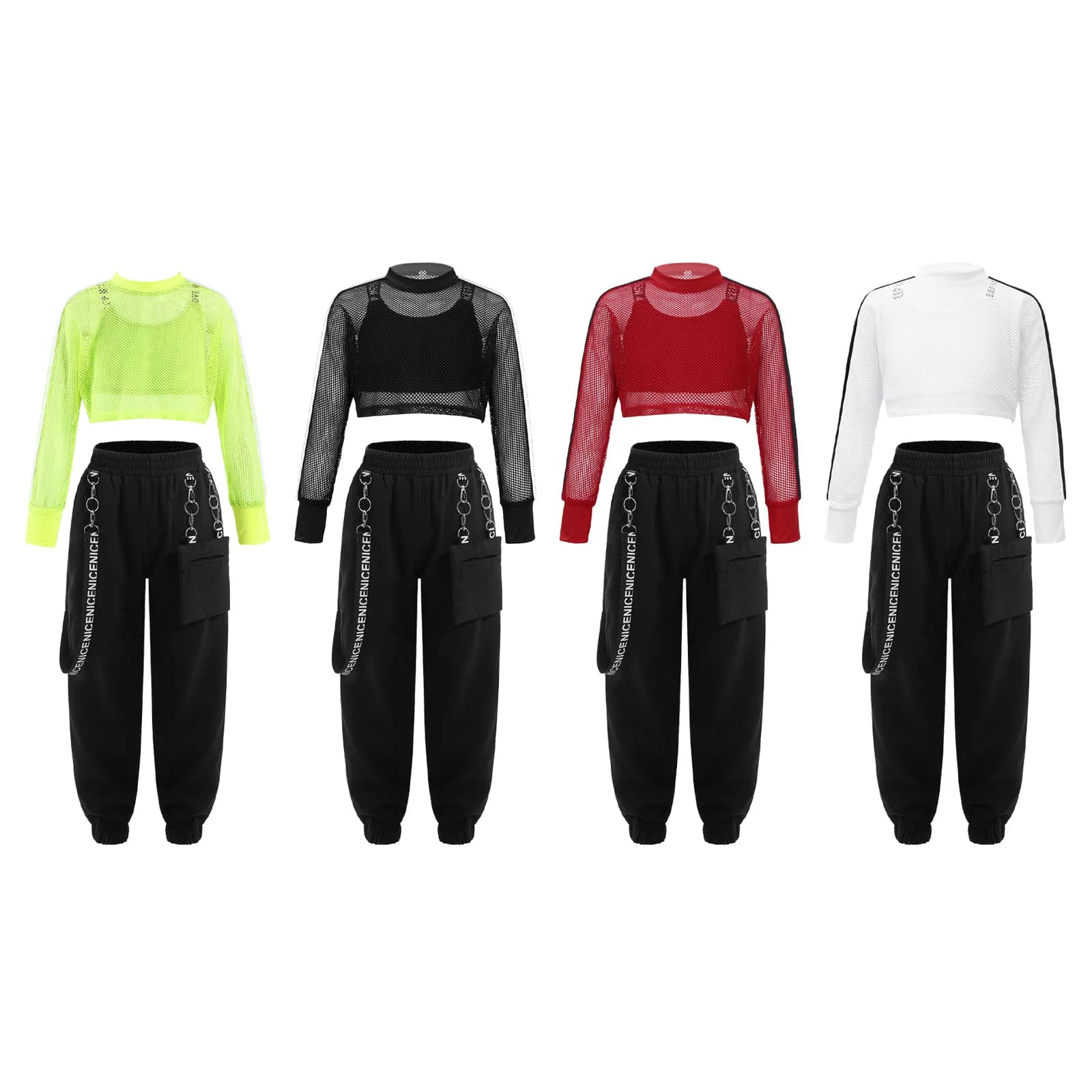 Kids Girls 3Pcs Sport Outfit Letters Printed Vest Mesh Crop Top with Pants Clothes Set for Hip-Hop Jazz Hip Hop Modern Dancewear