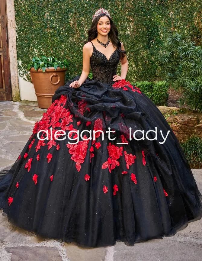 Black Red Princess Ruched Quinceanera Dresses Floral Applique Crystal Corset Lace-up vestidos 15 anos quinceanera customsized