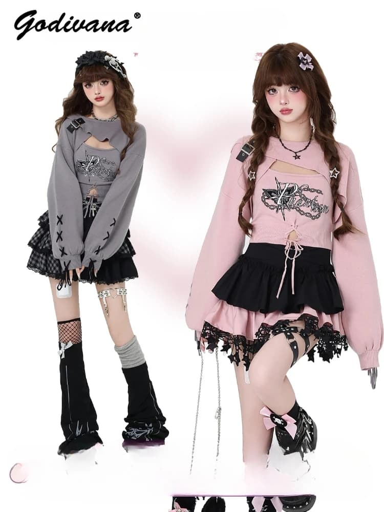 Sweet and Spicy Long-sleeved Knitted Two-piece Set Sweaters Girl 2024 New Autumn and Winter Women's Knitted Top Short Knitwear