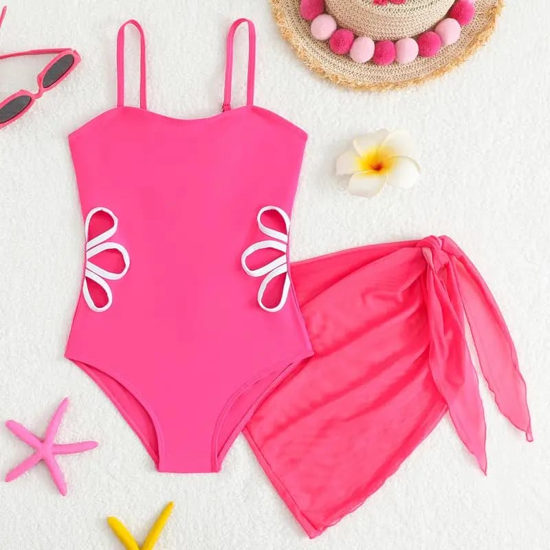 Children Girls One-Piece Swimsuit with Mesh Skirt 7-16 Years Kids Cut Out  Swimwear Teens Bathing Suits