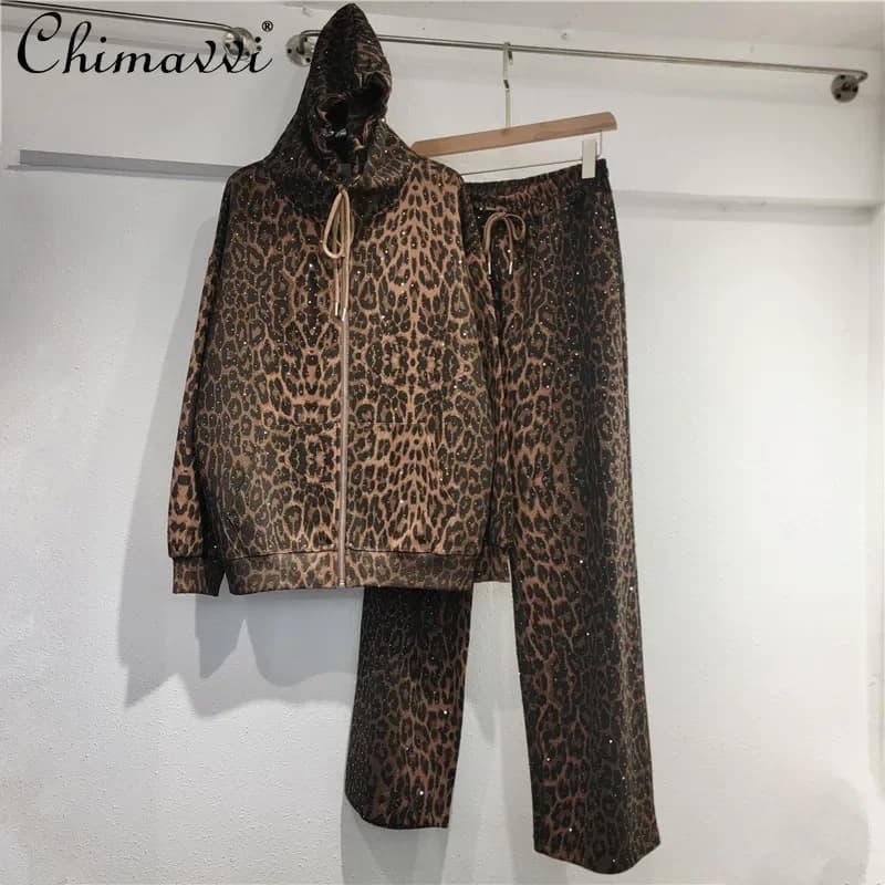 European Leopard Print Hooded Casual Suit Autumn New Fashion Loose Hot Diamond Long-sleeved Jacket Casual Pants Women's Outfits