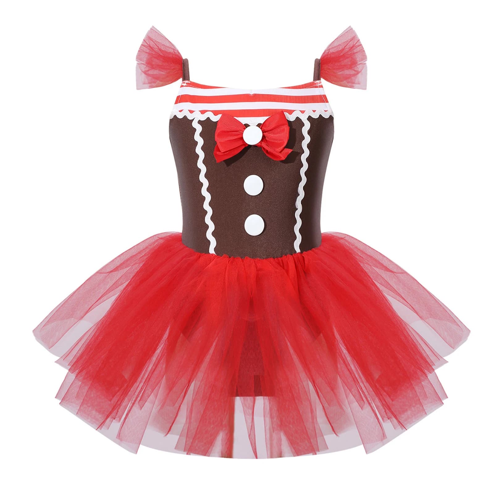 Girls Christmas Gingerbread Man Dress Strapless Sleeve Halter Mesh Splicing Neck Bow Mini Skirt with Bottom Short Halloween Wear