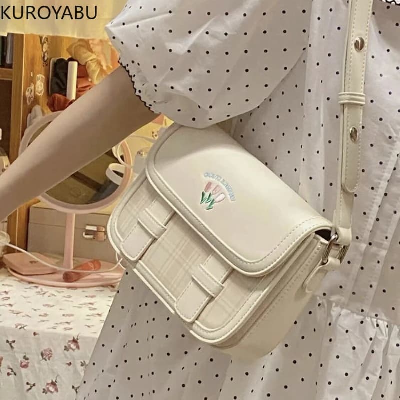 Kawaii Solid Handbag Female Chic Summer PU Embroidery Women's Bag 2025 Trend Japanese Crossbody Shoulder Bags Shoppers 49A789