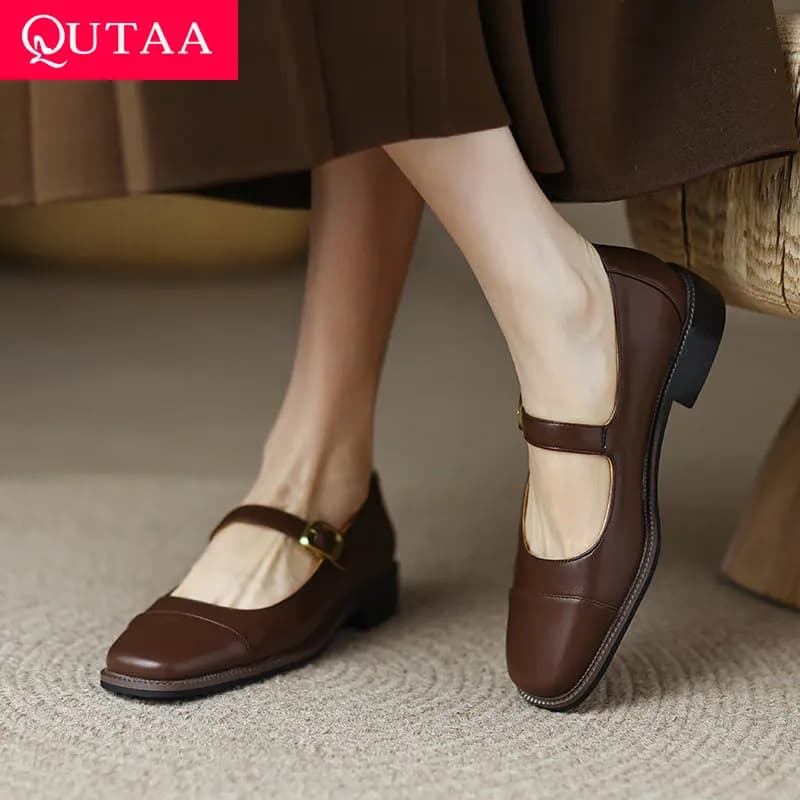 QUTAA 2022 Fashion Summer Round Toe Concise Women Pumps Mixed Color PU Leather Buckle Square Low Heel Female Shoes Size 34-43